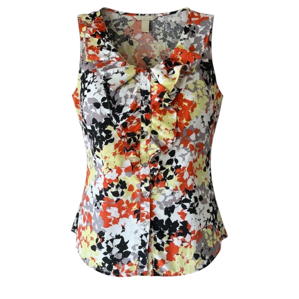 Banana Republic Womens Orange Yellow Floral Ruffle Sleeveless Blouse Size M